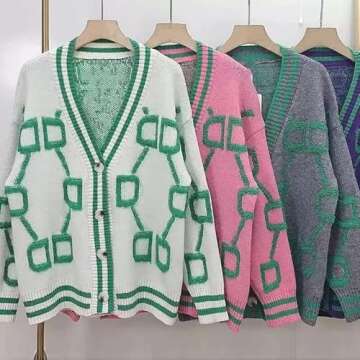 Women's Sweater Cardigan Oversized Button Down Long Sleeve Geometric Loose Knit Outerwear Plus Size Fall Winter White