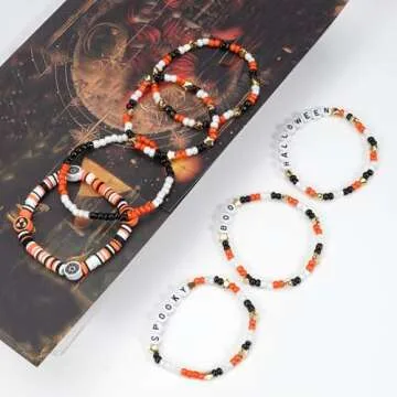 Ardorchid Halloween Bracelets for Women Spooky Boo Beaded Stackable Letter Bracelet Boho Clay Heishi Bracelets Halloween Party Jewelry