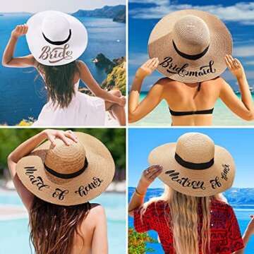 7 Pcs Bride and Bridesmaid Sun Hat Bulk Foldable Floppy Women Hat for Bachelorette Party Gift Honeymoon(Cute Style) White, Beige