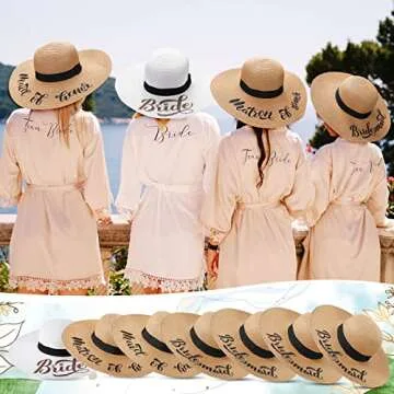7 Pcs Bride and Bridesmaid Sun Hat Bulk Foldable Floppy Women Hat for Bachelorette Party Gift Honeymoon(Cute Style) White, Beige