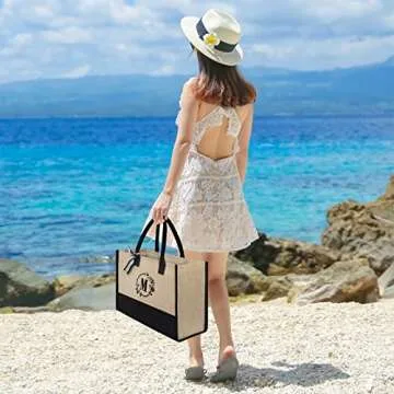 TOPDesign Initial Jute/Canvas Tote Bag, Personalized Present Bag, Suitable for Wedding, Birthday, Beach, Holiday, is a Great Gift for Women, Mom, Teachers, Friends, Bridesmaids (Letter M)