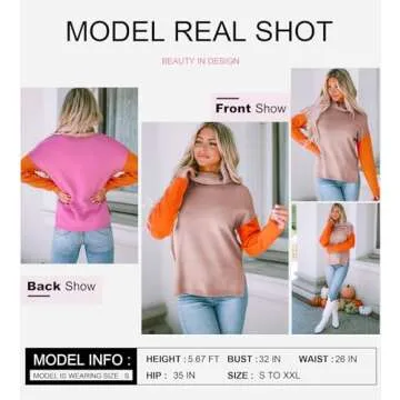 Dokotoo Women's Sweaters Fall 2024 Long Bat Sleeve Winter Clothes Warm Turtleneck Pullover Jumper Womens Fashion Color Block Halloween Sweaters Side Slit Knitted Sweater Tops Small Khaki