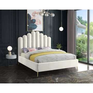Meridian Furniture Lily Collection Modern | Contemporary Velvet Upholstered Bed with Deep Channel Tu...