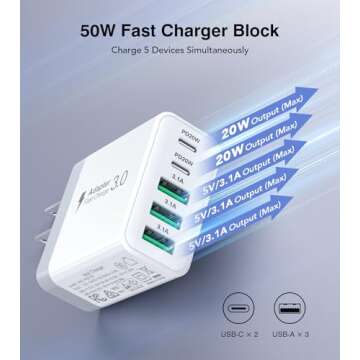 [2-Pack] USB C Wall Charger, 50W Fast USB C Charger Block, 5-Port PD Power Adapter + QC Wall Plug Mu...