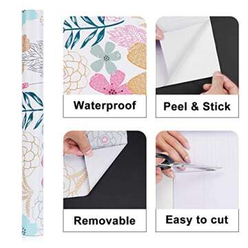 Mecpar Floral Wallpaper 17.71'' x 118'' Perennial Blooms Peel and Stick Vinyl Self Adhesive Removable Waterproof Wallpaper for Bathroom Cabinet Prepasted Decorative