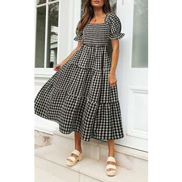 ZESICA Women's 2025 Bohemian Summer Plaid Square Neck Puff Sleeve Ruffle Flowy Beach Midi Dress