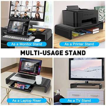 AboveTEK Monitor Stand Riser, Foldable Computer Monitor Riser with Drawer, Height Adjustable Computer Monitor Stands and Risers, Phone Stand for PC, Desktop, Laptop, Printer Save Space (Black)