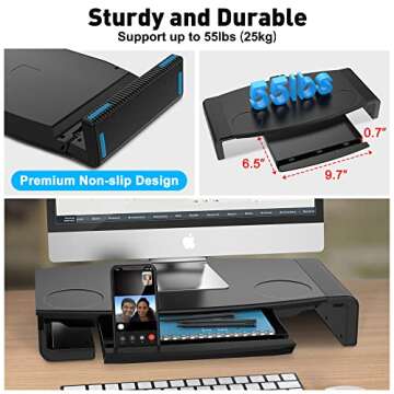 AboveTEK Monitor Stand Riser, Foldable Computer Monitor Riser with Drawer, Height Adjustable Computer Monitor Stands and Risers, Phone Stand for PC, Desktop, Laptop, Printer Save Space (Black)