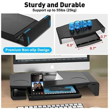 AboveTEK Monitor Stand Riser, Foldable Computer Monitor Riser with Drawer, Height Adjustable Computer Monitor Stands and Risers, Phone Stand for PC, Desktop, Laptop, Printer Save Space (Black)