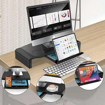 AboveTEK Monitor Stand Riser, Foldable Computer Monitor Riser with Drawer, Height Adjustable Computer Monitor Stands and Risers, Phone Stand for PC, Desktop, Laptop, Printer Save Space (Black)