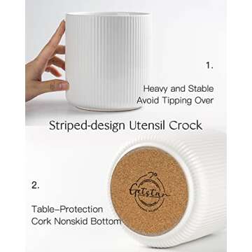 getstar Small Kitchen Utensil Holder for Kitchen Counter (H5.6” x W5.2”), Ceramic Cooking Utensil Holder with Cork Mat, Kitchen Decor for Counter (White, Utensils Not Included)