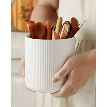 getstar Small Kitchen Utensil Holder for Kitchen Counter (H5.6” x W5.2”), Ceramic Cooking Utensil Holder with Cork Mat, Kitchen Decor for Counter (White, Utensils Not Included)