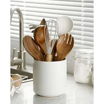 getstar Small Kitchen Utensil Holder for Kitchen Counter (H5.6” x W5.2”), Ceramic Cooking Utensil Holder with Cork Mat, Kitchen Decor for Counter (White, Utensils Not Included)