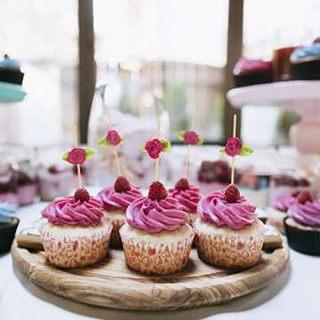 Minisland Hot Pink Rose Flower Cocktail Picks, 4.7 Inch Long Bamboo Fancy Toothpicks for Appetizers, Bridal Shower Wedding Valentines Party Food Drinks Fruit Kabob Skewer Sticks 100 Counts - MSL221