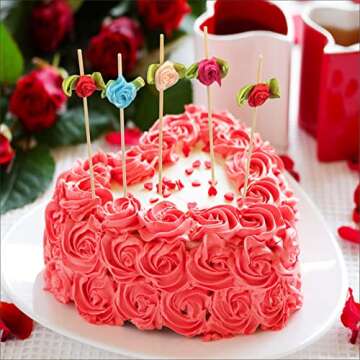 Minisland Hot Pink Rose Flower Cocktail Picks, 4.7 Inch Long Bamboo Fancy Toothpicks for Appetizers, Bridal Shower Wedding Valentines Party Food Drinks Fruit Kabob Skewer Sticks 100 Counts - MSL221