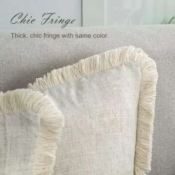 Mayler Yee Set of 2 Fringe Throw Pillow Covers with Tassel Trim for Farmhouse Living Room,Soft Cotton & Cozy Linen, Boho Sytle Decorative Home (Beige, 20x20 Inch)