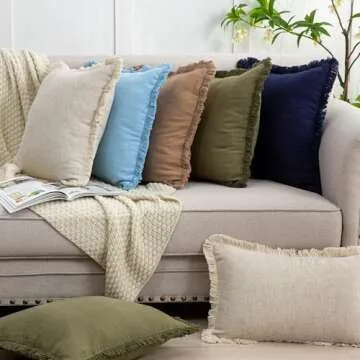 Mayler Yee Set of 2 Fringe Throw Pillow Covers with Tassel Trim for Farmhouse Living Room,Soft Cotton & Cozy Linen, Boho Sytle Decorative Home (Beige, 20x20 Inch)