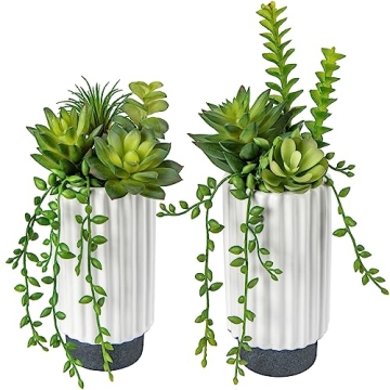 Hollyone Artificial Succulents Plants Set of 2 Faux Succulents 9" Fake Succulent Plants in Ceramic P...