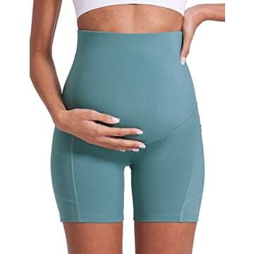 Enerful Women's Maternity Yoga Shorts Over The Belly Comfy Workout Running Active Biker Pregnancy Support Shorts with Pockets 5" Light Blue Medium