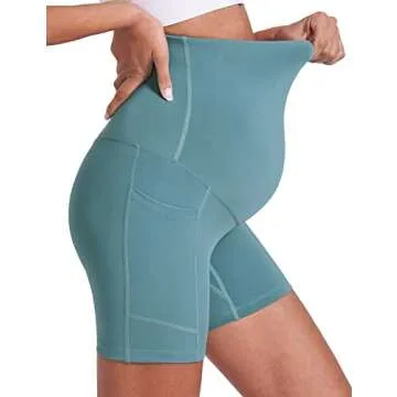 Enerful Women's Maternity Yoga Shorts Over The Belly Comfy Workout Running Active Biker Pregnancy Support Shorts with Pockets 5" Light Blue Medium