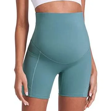 Enerful Women's Maternity Yoga Shorts Over The Belly Comfy Workout Running Active Biker Pregnancy Support Shorts with Pockets 5" Light Blue Medium