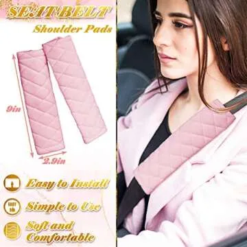 Tallew 8 Pcs Pink Cute Car Accessories Set Includes Fluffy Steering Wheel Cover 2 Seat Belt Shoulder Pads Auto Center Console Pad 2 Cup Holders 2 Bling Start Button Ring Sticker for Women Girls