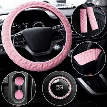 Tallew 8 Pcs Pink Cute Car Accessories Set Includes Fluffy Steering Wheel Cover 2 Seat Belt Shoulder Pads Auto Center Console Pad 2 Cup Holders 2 Bling Start Button Ring Sticker for Women Girls