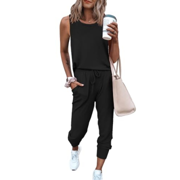 PRETTYGARDEN Women's Two Piece Outfit Sleeveless Crewneck with Sweatpants Lounge Wear (Black, Large)