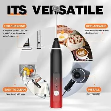 Milk Frother Rechargeable Handheld Electric Whisk Coffee Frother Mixer with 3 Stainless whisks 3 Speed Adjustable Foam Maker Blender for Coffee Matcha Latte Cappuccino Hot Chocolate（Black Red）