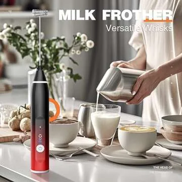 Milk Frother Rechargeable Handheld Electric Whisk Coffee Frother Mixer with 3 Stainless whisks 3 Speed Adjustable Foam Maker Blender for Coffee Matcha Latte Cappuccino Hot Chocolate（Black Red）