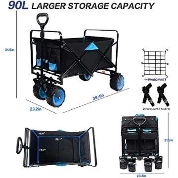 Collapsible Heavy Duty Folding Wagon Cart Utility Wagon All Terrain Beach Wheels Adjustable Handle Large Capacity Rolling Buggies Outdoor Garden cart for Beach Camping Shopping Sports (Black & Blue)