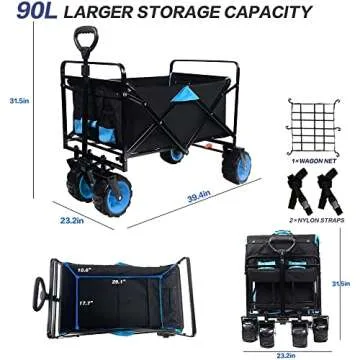 Collapsible Heavy Duty Folding Wagon Cart Utility Wagon All Terrain Beach Wheels Adjustable Handle Large Capacity Rolling Buggies Outdoor Garden cart for Beach Camping Shopping Sports (Black & Blue)