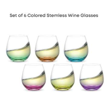 JoyJolt HUE Stemless Wine Glass Set. Large, 15 oz, Stemless, Set of 6. Short Wine Tumblers for White Wine, Red Wine, Water, No Stem Margarita Glasses, Colored