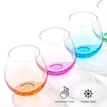 JoyJolt HUE Stemless Wine Glass Set. Large, 15 oz, Stemless, Set of 6. Short Wine Tumblers for White Wine, Red Wine, Water, No Stem Margarita Glasses, Colored