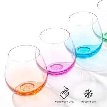 JoyJolt HUE Stemless Wine Glass Set. Large, 15 oz, Stemless, Set of 6. Short Wine Tumblers for White Wine, Red Wine, Water, No Stem Margarita Glasses, Colored