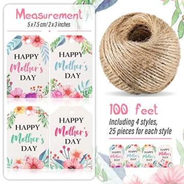 100 Pieces Happy Mother's Day Gift Tags Mother's Day Paper Gift Tags Mother's Day Hanging Labels with 100 Feet Natural Twine for DIY Crafts Mother' Day Party Favors
