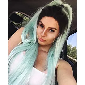 K'ryssma Mint Green Wig Long Straight Ombre Synthetic Wig with Dark Roots Glueless Middle Part Ombre Green Wig for Women 22 inches
