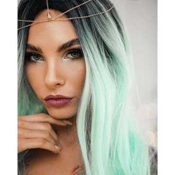 K'ryssma Mint Green Wig Long Straight Ombre Synthetic Wig with Dark Roots Glueless Middle Part Ombre Green Wig for Women 22 inches