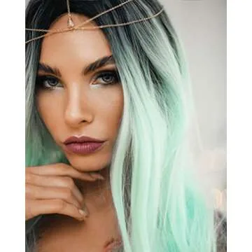 K'ryssma Mint Green Wig Long Straight Ombre Synthetic Wig with Dark Roots Glueless Middle Part Ombre Green Wig for Women 22 inches