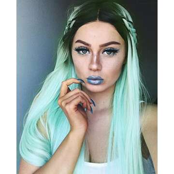 K'ryssma Mint Green Wig Long Straight Ombre Synthetic Wig with Dark Roots Glueless Middle Part Ombre Green Wig for Women 22 inches