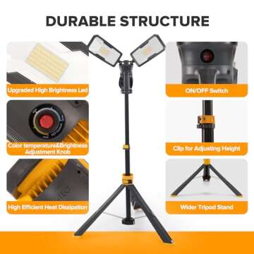 LUTEC 【Upgraded】 6290Max 11000 Lumen 92W Dimmable LED Work Light with Telescoping Tripod, Adjustable Color Temperature Dual-Head Work Light with Stand and 8 Ft 3-Prong Power Cord