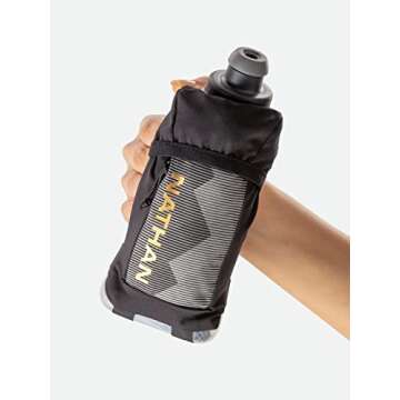 Nathan Running Handheld Quick Squeeze Water Bottle. No-Grip Adjustable Hand Strap. 12oz / 18oz / Insulated. Reflective Hydration Water Bottle.