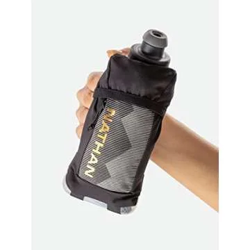Nathan Running Handheld Quick Squeeze Water Bottle. No-Grip Adjustable Hand Strap. 12oz / 18oz / Insulated. Reflective Hydration Water Bottle.
