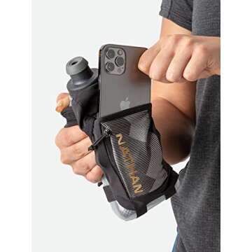 Nathan Running Handheld Quick Squeeze Water Bottle. No-Grip Adjustable Hand Strap. 12oz / 18oz / Insulated. Reflective Hydration Water Bottle.