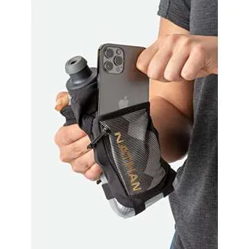 Nathan Running Handheld Quick Squeeze Water Bottle. No-Grip Adjustable Hand Strap. 12oz / 18oz / Insulated. Reflective Hydration Water Bottle.