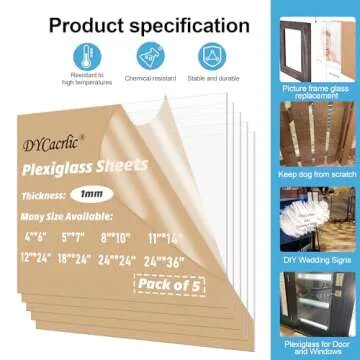 DYCacrlic 5-Pack 18x24 Plexiglass Sheets,PET Sheet Panels,Clear Flexible Plastic Acrylic Plexiglass Sheet 18x24 for Picture Frames,Windows,Signs,Table Top,Door Scratch Protector,Painting,Pet Barriers