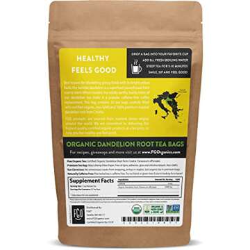 FGO Organic Roasted Dandelion Root Tea, 20 Count, Eco-Conscious Tea Bags, Resealable Bag, Caffeine F...