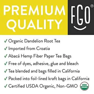 FGO Organic Roasted Dandelion Root Tea, 20 Count, Eco-Conscious Tea Bags, Resealable Bag, Caffeine Free, Packaging May Vary (Pack of 1)