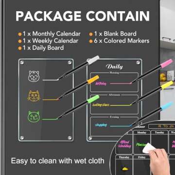 MIKEDE Acrylic Calendar for Fridge, 4 Pack Magnetic White Board Calendar Dry Erase, Reusable Planning Board Set with Strong Small Magnets, Clear Weekly and Monthly Calendar for Refrigerator, 6 Markers