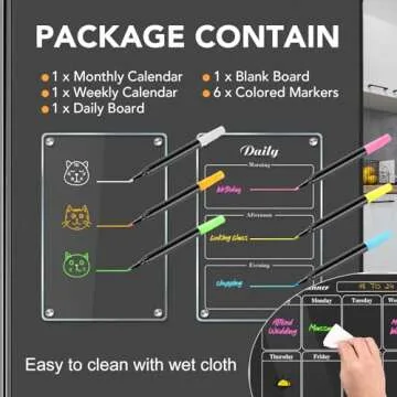 MIKEDE Acrylic Calendar for Fridge, 4 Pack Magnetic White Board Calendar Dry Erase, Reusable Planning Board Set with Strong Small Magnets, Clear Weekly and Monthly Calendar for Refrigerator, 6 Markers